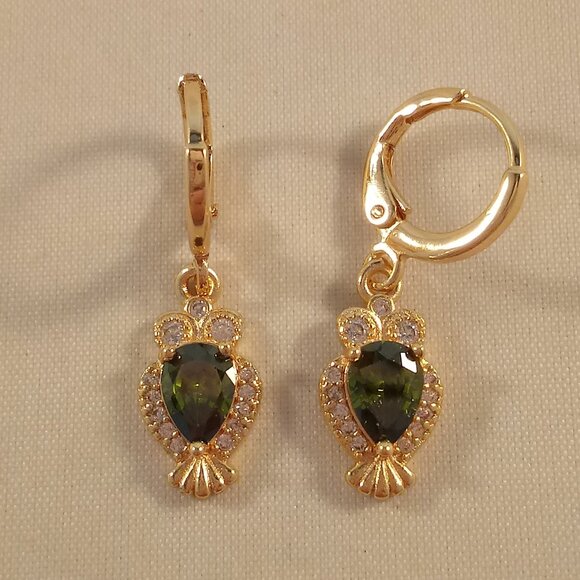 18K Yellow Gold Filled Owl Peridot Green Diamond Zircon Dangle Earrings Gorgeous - Picture 2 of 4